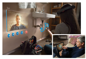 Anwendungsbeispiel der HoloLens. Gezeigt wird ein Vater, wie er seiner Tochter mittels Tablet und HoloLens bei der Montage eines Sifons hilft.