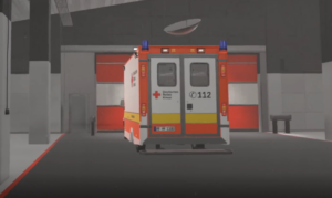 Ein 3D-Modell eines RTWs in einer virtuellen Fabrikhalle
